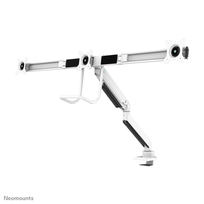 Neomounts NM-D775DX3 wäiss ass eng gasgefiedert Schreifdësch-Halterung mat Crossbar an Handtak fir Flatscreens bis 27 inch (68,6 cm).