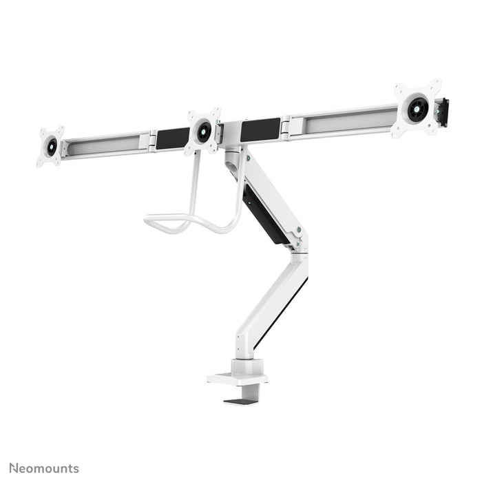 Neomounts NM-D775DX3 wäiss ass eng gasgefiedert Schreifdësch-Halterung mat Crossbar an Handtak fir Flatscreens bis 27 inch (68,6 cm).