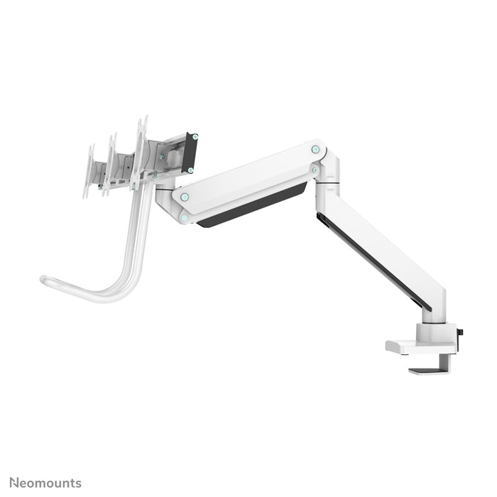 Neomounts NM-D775DX3 wäiss ass eng gasgefiedert Schreifdësch-Halterung mat Crossbar an Handtak fir Flatscreens bis 27 inch (68,6 cm).