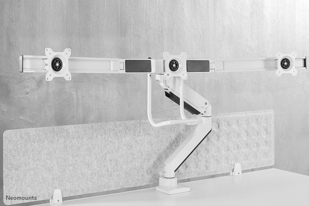 Neomounts NM-D775DX3 wäiss ass eng gasgefiedert Schreifdësch-Halterung mat Crossbar an Handtak fir Flatscreens bis 27 inch (68,6 cm).