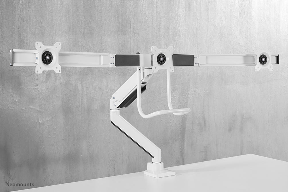 Neomounts NM-D775DX3 wäiss ass eng gasgefiedert Schreifdësch-Halterung mat Crossbar an Handtak fir Flatscreens bis 27 inch (68,6 cm).