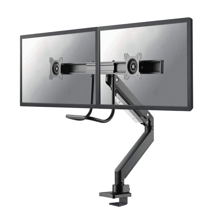 Neomounts NM-D775DX schwaarz ass eng gasgefiedert Schreifdësch-Halterung mat Crossbar an Handtak fir Flatscreens bis 32 inch (81 cm).