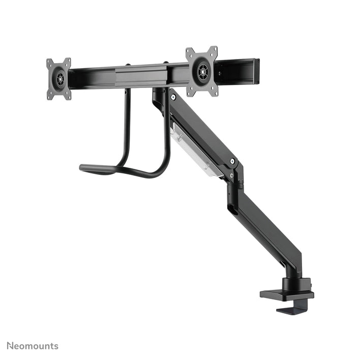 Neomounts NM-D775DX schwaarz ass eng gasgefiedert Schreifdësch-Halterung mat Crossbar an Handtak fir Flatscreens bis 32 inch (81 cm).