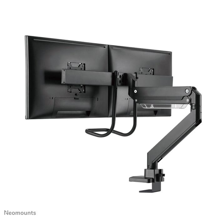 Neomounts NM-D775DX schwaarz ass eng gasgefiedert Schreifdësch-Halterung mat Crossbar an Handtak fir Flatscreens bis 32 inch (81 cm).