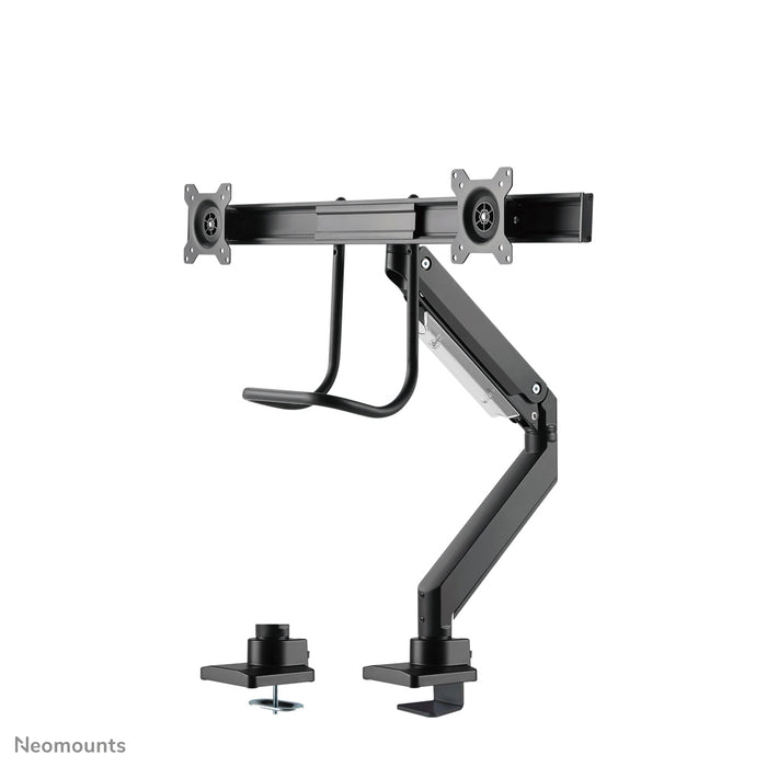 Neomounts NM-D775DX schwaarz ass eng gasgefiedert Schreifdësch-Halterung mat Crossbar an Handtak fir Flatscreens bis 32 inch (81 cm).