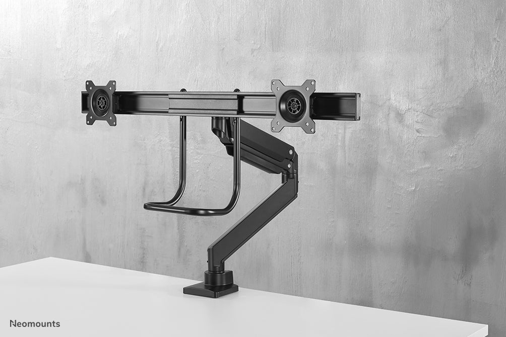 Neomounts NM-D775DX schwaarz ass eng gasgefiedert Schreifdësch-Halterung mat Crossbar an Handtak fir Flatscreens bis 32 inch (81 cm).