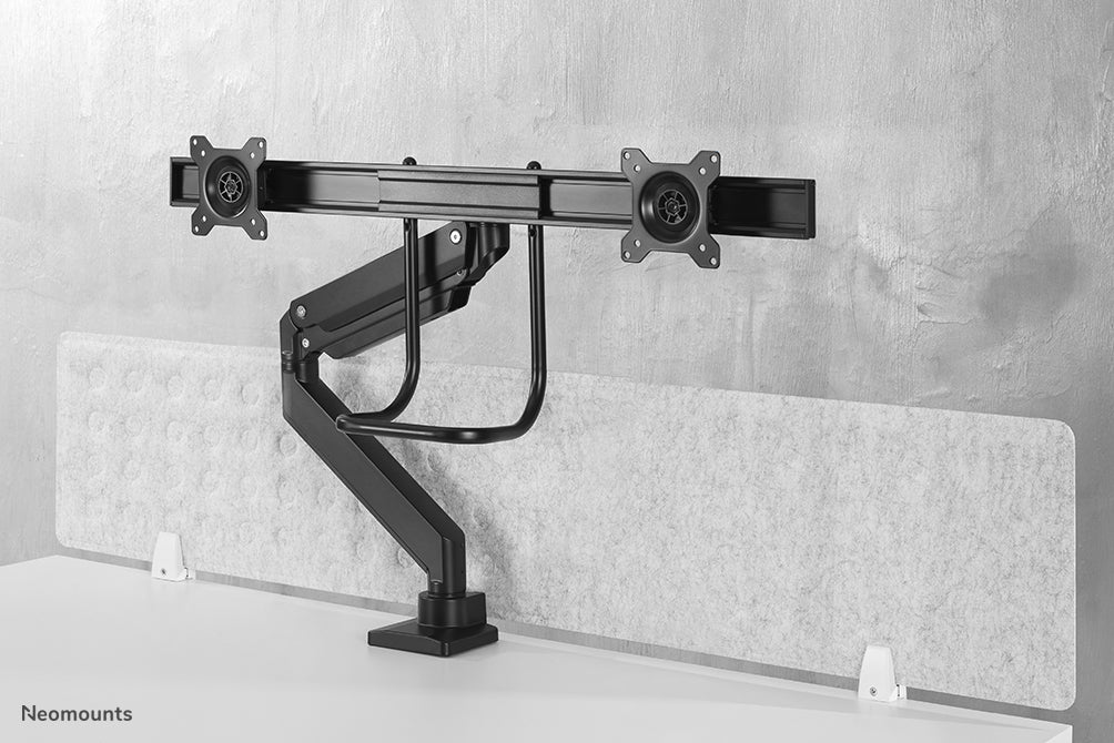 Neomounts NM-D775DX schwaarz ass eng gasgefiedert Schreifdësch-Halterung mat Crossbar an Handtak fir Flatscreens bis 32 inch (81 cm).