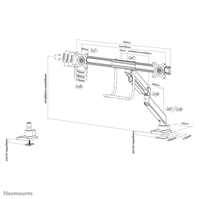 Neomounts NM-D775DX schwaarz ass eng gasgefiedert Schreifdësch-Halterung mat Crossbar an Handtak fir Flatscreens bis 32 inch (81 cm).
