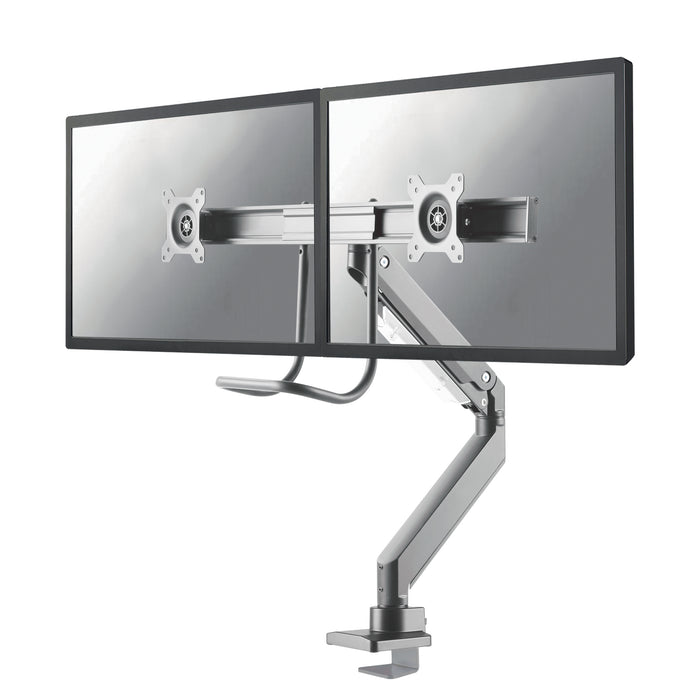 Neomounts NM-D775DX sëlwer ass eng gasgefiedert Schreifdësch-Halterung mat Crossbar an Handtak fir Flatscreens bis 32 inch (81 cm).