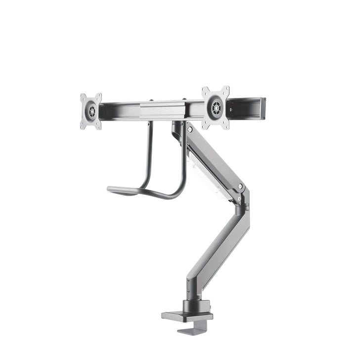 Neomounts NM-D775DX sëlwer ass eng gasgefiedert Schreifdësch-Halterung mat Crossbar an Handtak fir Flatscreens bis 32 inch (81 cm).