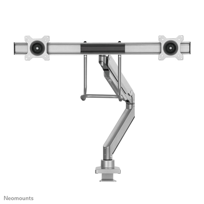 Neomounts NM-D775DX sëlwer ass eng gasgefiedert Schreifdësch-Halterung mat Crossbar an Handtak fir Flatscreens bis 32 inch (81 cm).