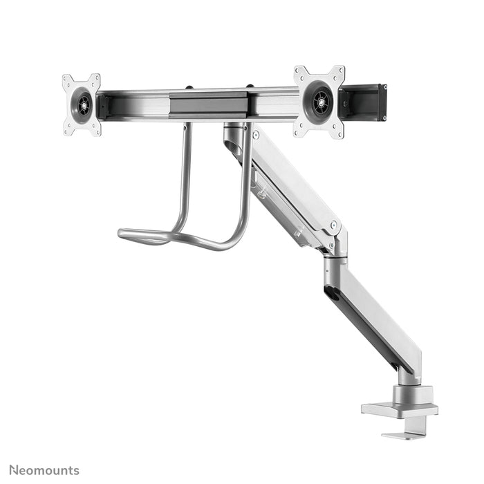 Neomounts NM-D775DX sëlwer ass eng gasgefiedert Schreifdësch-Halterung mat Crossbar an Handtak fir Flatscreens bis 32 inch (81 cm).