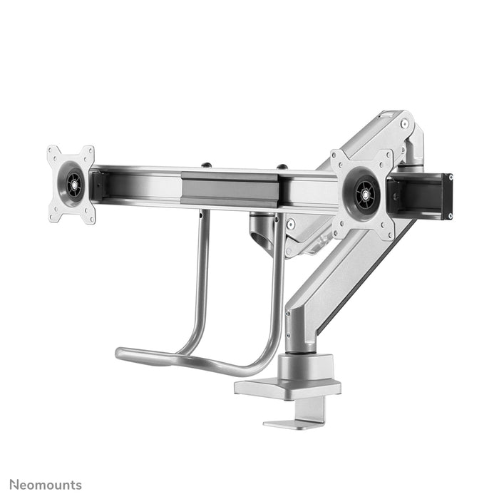 Neomounts NM-D775DX sëlwer ass eng gasgefiedert Schreifdësch-Halterung mat Crossbar an Handtak fir Flatscreens bis 32 inch (81 cm).