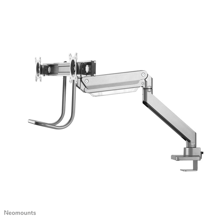 Neomounts NM-D775DX sëlwer ass eng gasgefiedert Schreifdësch-Halterung mat Crossbar an Handtak fir Flatscreens bis 32 inch (81 cm).