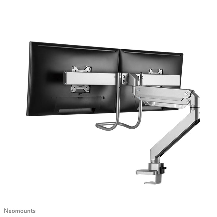 Neomounts NM-D775DX sëlwer ass eng gasgefiedert Schreifdësch-Halterung mat Crossbar an Handtak fir Flatscreens bis 32 inch (81 cm).