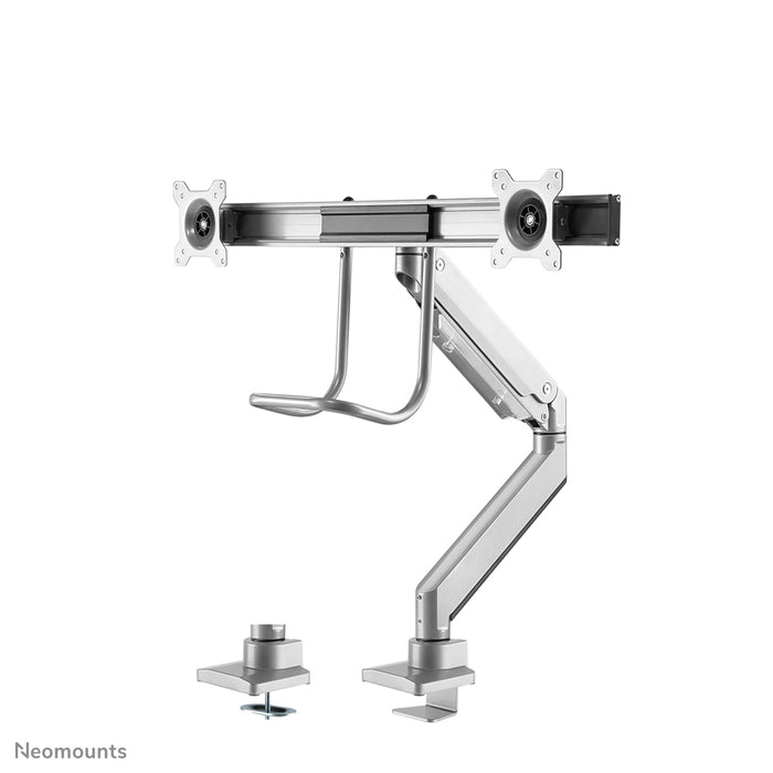 Neomounts NM-D775DX sëlwer ass eng gasgefiedert Schreifdësch-Halterung mat Crossbar an Handtak fir Flatscreens bis 32 inch (81 cm).