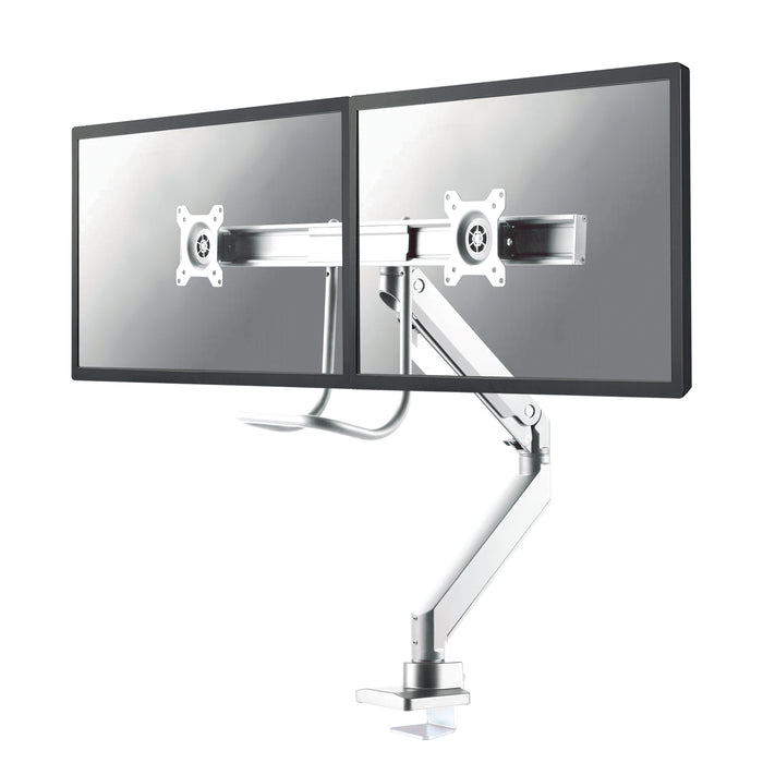 Neomounts NM-D775DX wäiss ass eng gasgefiedert Schreifdësch-Halterung mat Crossbar an Handtak fir Flatscreens bis 32 inch (81 cm).