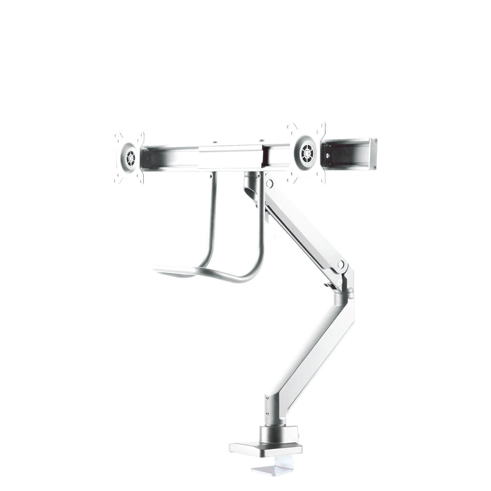 Neomounts NM-D775DX wäiss ass eng gasgefiedert Schreifdësch-Halterung mat Crossbar an Handtak fir Flatscreens bis 32 inch (81 cm).