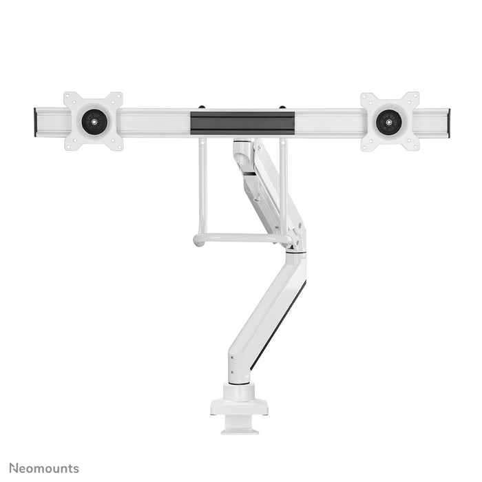 Neomounts NM-D775DX wäiss ass eng gasgefiedert Schreifdësch-Halterung mat Crossbar an Handtak fir Flatscreens bis 32 inch (81 cm).