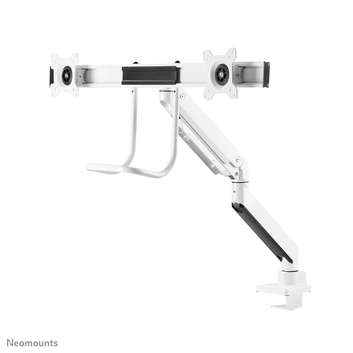 Neomounts NM-D775DX wäiss ass eng gasgefiedert Schreifdësch-Halterung mat Crossbar an Handtak fir Flatscreens bis 32 inch (81 cm).