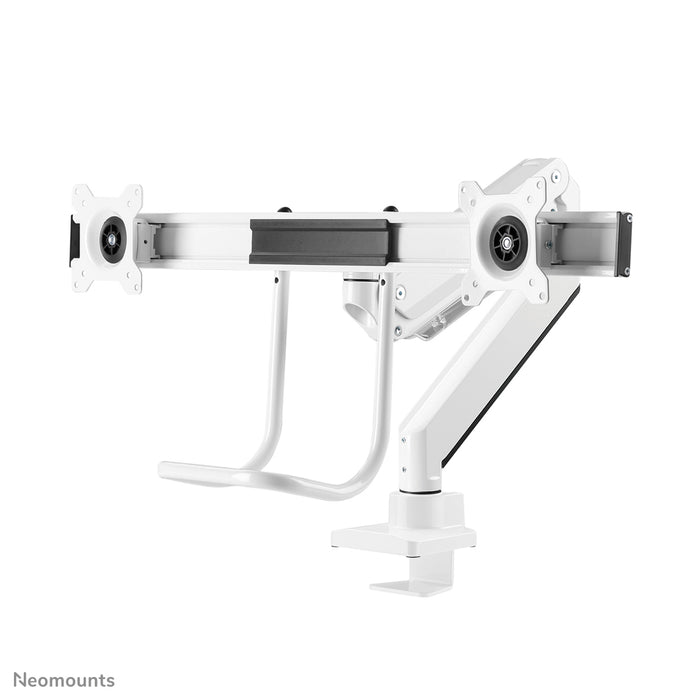Neomounts NM-D775DX wäiss ass eng gasgefiedert Schreifdësch-Halterung mat Crossbar an Handtak fir Flatscreens bis 32 inch (81 cm).