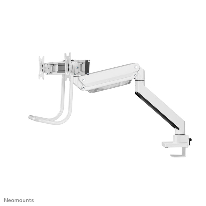 Neomounts NM-D775DX wäiss ass eng gasgefiedert Schreifdësch-Halterung mat Crossbar an Handtak fir Flatscreens bis 32 inch (81 cm).