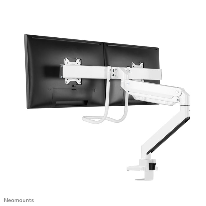 Neomounts NM-D775DX wäiss ass eng gasgefiedert Schreifdësch-Halterung mat Crossbar an Handtak fir Flatscreens bis 32 inch (81 cm).