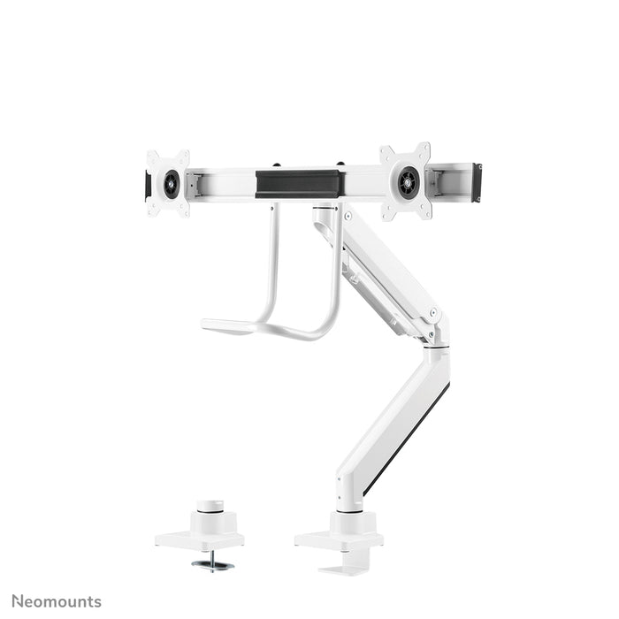 Neomounts NM-D775DX wäiss ass eng gasgefiedert Schreifdësch-Halterung mat Crossbar an Handtak fir Flatscreens bis 32 inch (81 cm).