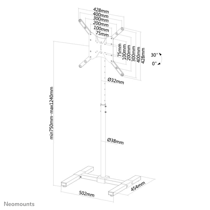 Neomounts NS-FS100 schwaarz ass e Miwwel fir LCD/LED/Plasma-Schiermer bis 55 inch (140 cm). Héichtverstellung ass 75-124 cm.