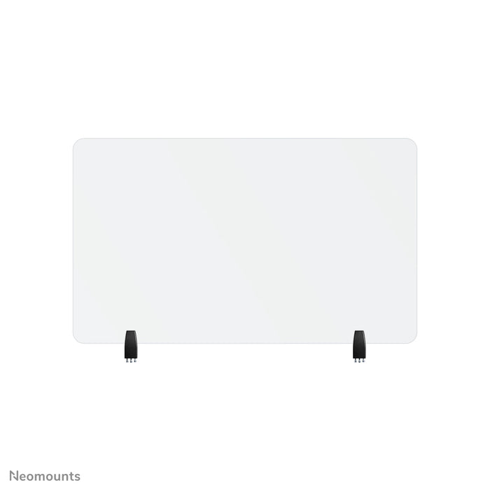 Neomounts NS-GLSPROTECT100 ass eng nohalteg Glas-Scherm vu 100 cm, déi Ofstandsprotectioun op der Aarbechtsplaz bitt - gehärt, transparent Glas, 100% recycléierbar