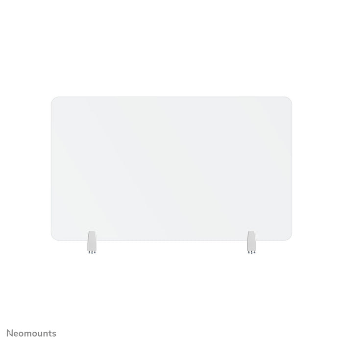Neomounts NS-GLSPROTECT100 ass eng nohalteg Glas-Scherm vu 100 cm, déi Ofstandsprotectioun op der Aarbechtsplaz bitt - gehärt, transparent Glas, 100% recycléierbar