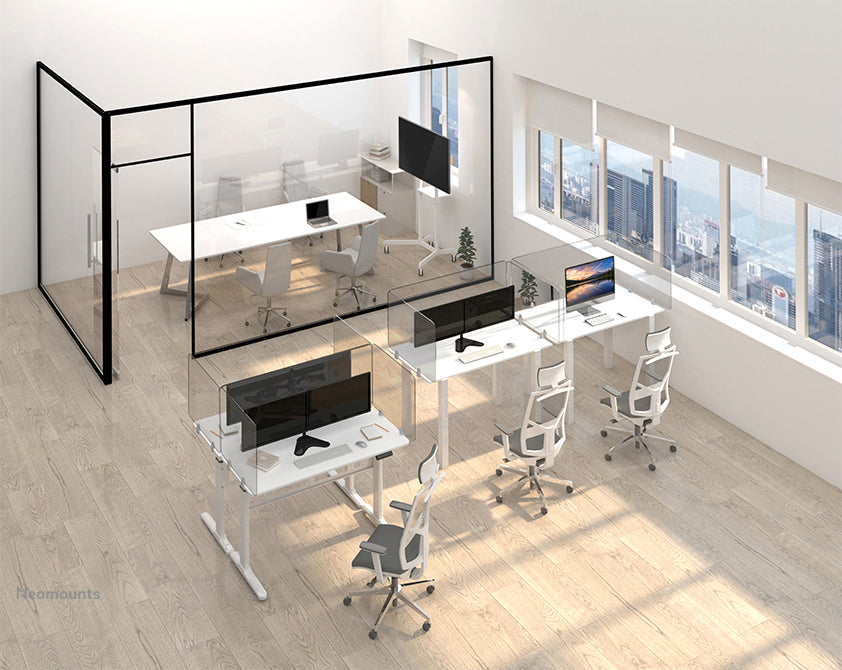 Neomounts NS-GLSPROTECT100 ass eng nohalteg Glas-Scherm vu 100 cm, déi Ofstandsprotectioun op der Aarbechtsplaz bitt - gehärt, transparent Glas, 100% recycléierbar