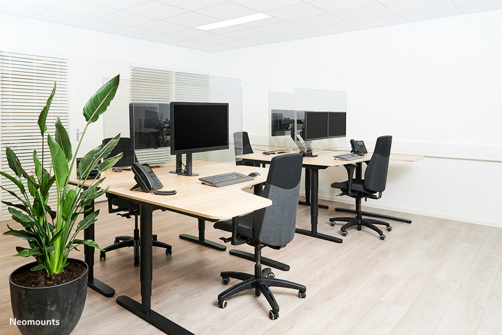 Neomounts NS-PLXPROTECT2 ass eng transparent Schutzscheif fir 2 Flat-Screens a bitt Ofstandsschutz um Aarbechtsplaz - Transparent Acrylaat, 100% recycléierbar | PLXPROTECT ass als EU-Design-Patent registréiert |