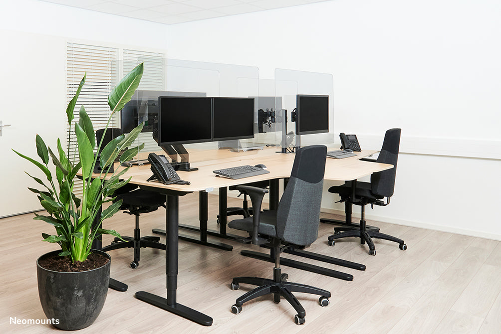 Neomounts NS-PLXPROTECT2 ass eng transparent Schutzscheif fir 2 Flat-Screens a bitt Ofstandsschutz um Aarbechtsplaz - Transparent Acrylaat, 100% recycléierbar | PLXPROTECT ass als EU-Design-Patent registréiert |