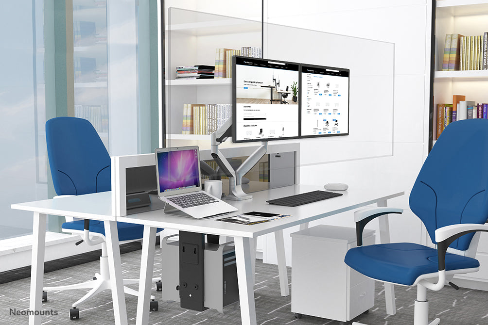 Neomounts NS-PLXPROTECT2 ass eng transparent Schutzscheif fir 2 Flat-Screens a bitt Ofstandsschutz um Aarbechtsplaz - Transparent Acrylaat, 100% recycléierbar | PLXPROTECT ass als EU-Design-Patent registréiert |