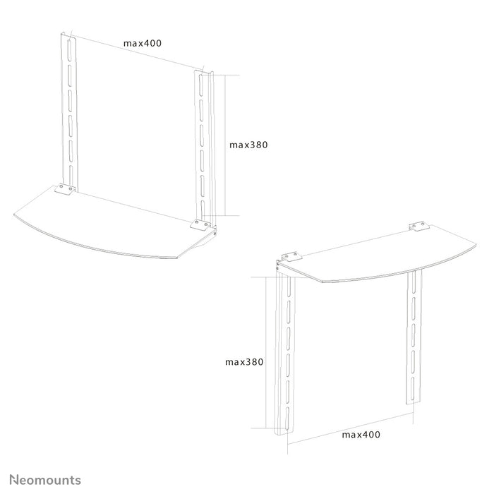 Neomounts AV-Halterung, Modell NS-SHELF100, ass ideal fir AV-Geräter ënner Flat-Screen-Halterungen ze placéieren.