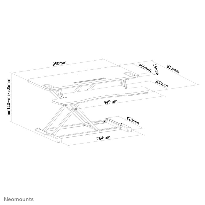 Neomounts Sëtz-Sta-Arbechtsplaz, Modell NS-WS300 schwaarz, transforméiert eng Standardarbechtsplaz an eng gesond Sëtz-Sta-Arbechtsplaz.