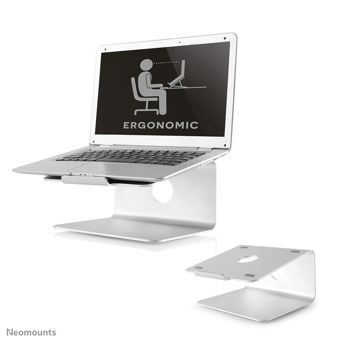 Neomounts NSLS050 ass en 360-Grad dréibare Büro-Stänner fir e Notebook.