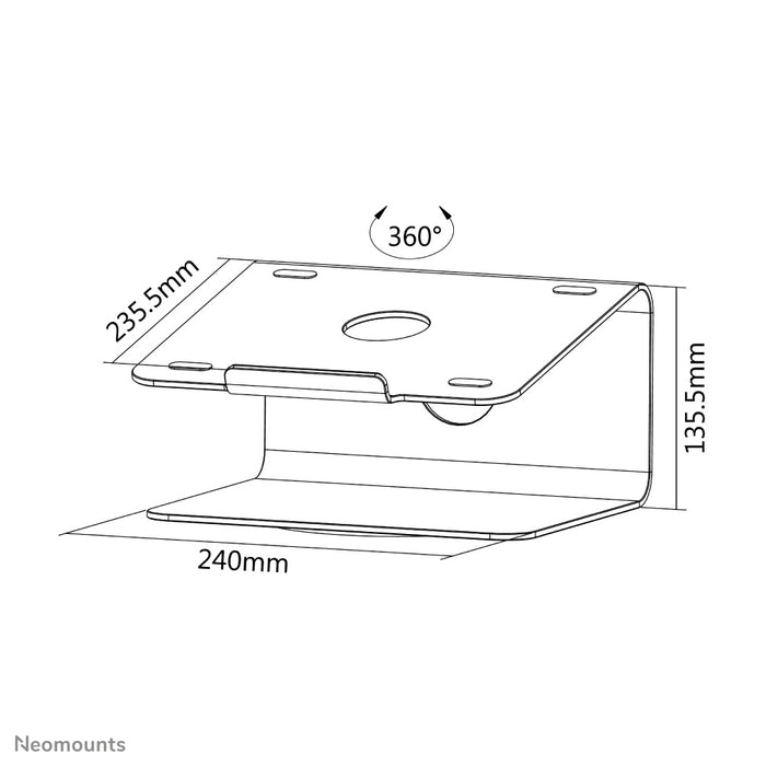 Neomounts NSLS050 ass en 360-Grad dréibare Büro-Stänner fir e Notebook.