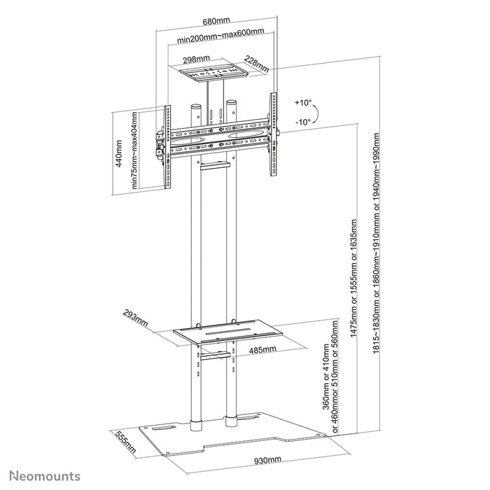 Neomounts PLASMA-M1700ES ass e Miwwelstéck fir LCD/LED/Plasma-Ekranen t/m 70 inch (178 cm). Héichtverstellung ass 147,5-163,5 cm.