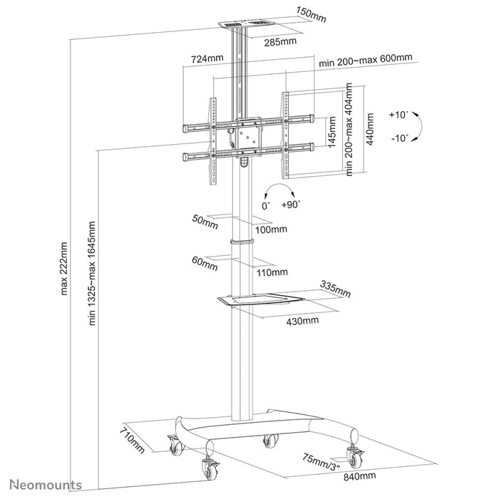 Neomounts PLASMA-M1900E ass e verréckelbare Miwwelstéck fir Flat-Screens t/m 70 inch (178 cm), 90° Rotatioun - Schwaarz