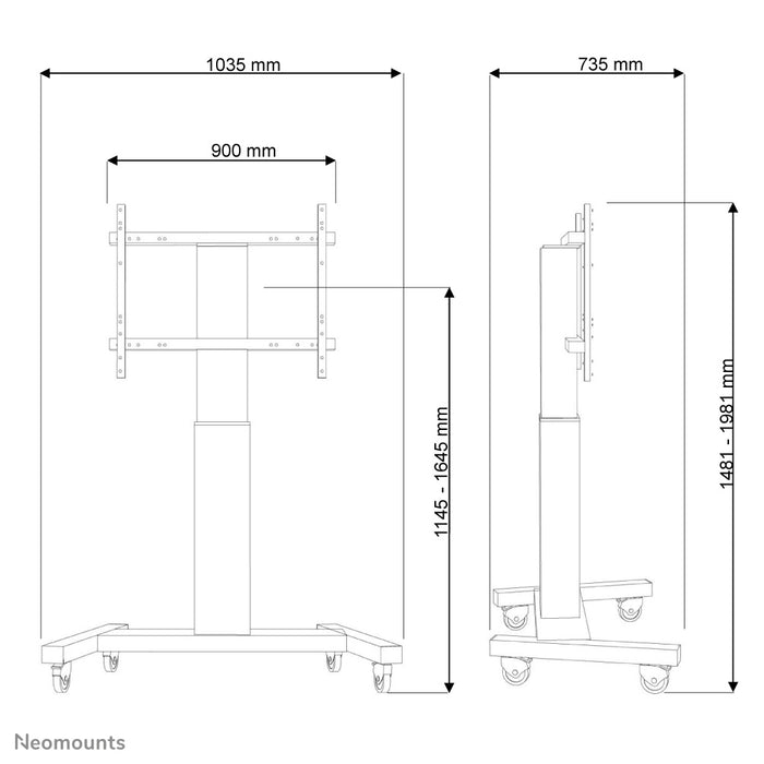 Neomounts PLASMA-M2250 sëlwer ass eng elektresch héichtverstellbar Trolley fir Flat-Screens t/m 100 inch.
