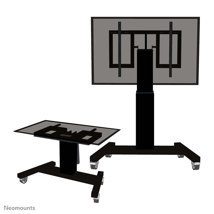 Neomounts PLASMA-M2500T schwaarz ass eng elektresch héichtverstellbar Trolley mat 90 Grad Kippfunktioun fir Flat-Screens t/m 100 inch.