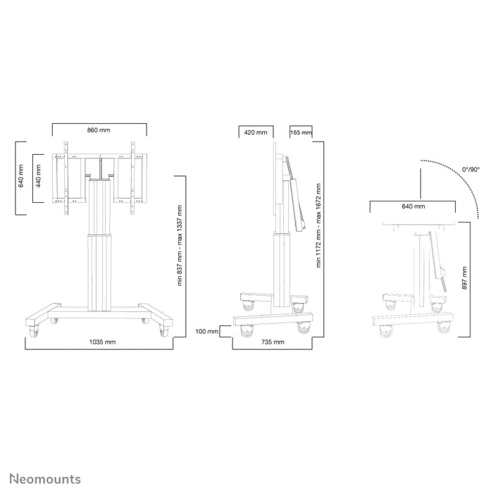 Neomounts PLASMA-M2500T schwaarz ass eng elektresch héichtverstellbar Trolley mat 90 Grad Kippfunktioun fir Flat-Screens t/m 100 inch.