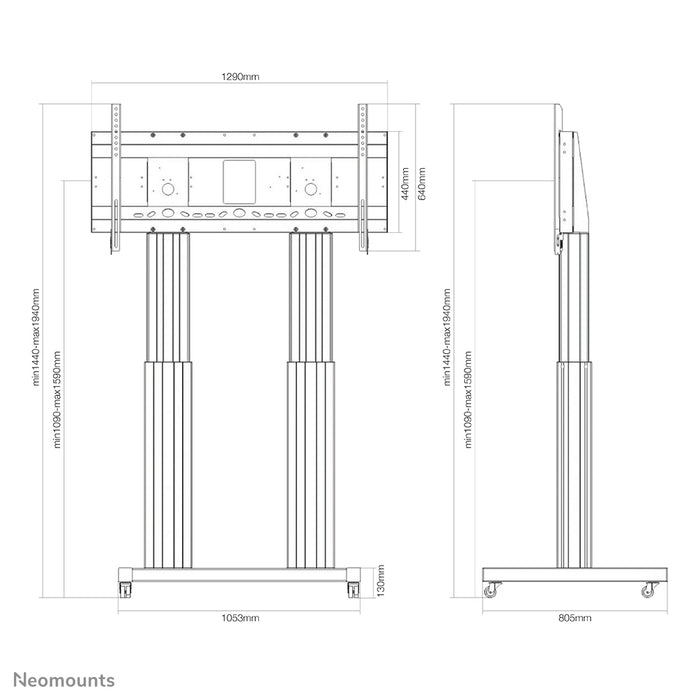 Neomounts PLASMA-M2600 sëlwer ass eng elektresch héichtverstellbar Trolley fir Flat-Screens t/m 120 inch (305 cm).