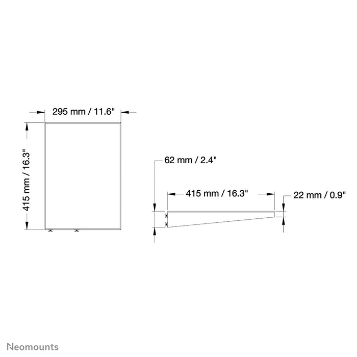 Neomounts AV-Stëtzt PLASMA-M2SIDESHELF ass eng universal Stëtzt fir AV-Geraäter op enger PLASMA-M2250/W2250- & PLASMA-M2500/W2500-Serie ze placéieren.
