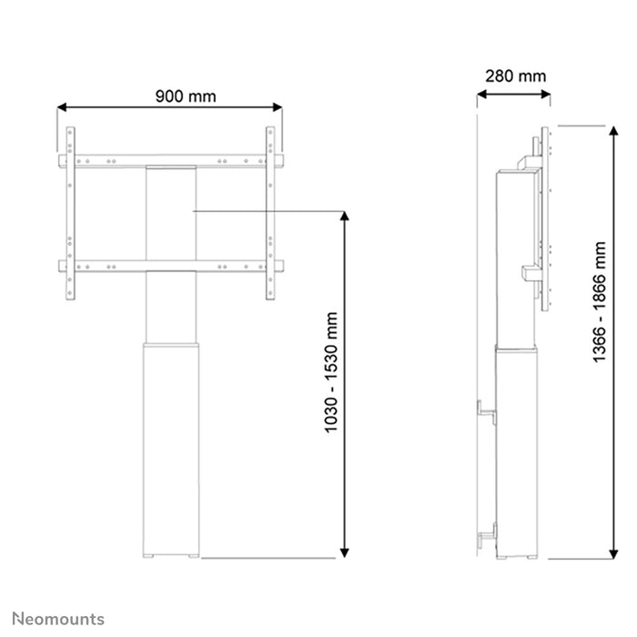Neomounts PLASMA-W2250 schwaarz ass eng motoriséiert Wandstëtzt fir Schirme bis 100 inch.