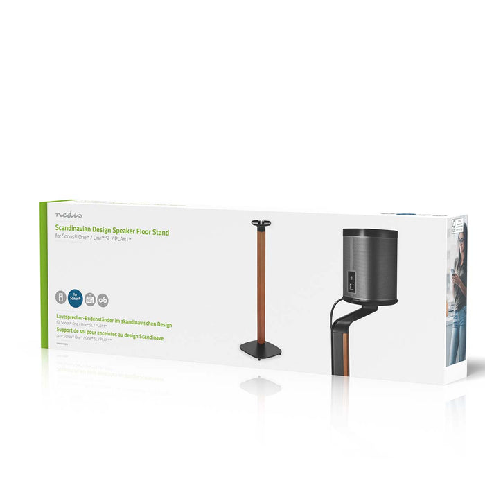 Skandinavesche Design Speakerbeugel fir Sonos One, One SL & PLAY:1 – Holz/Metall-Stänner mat Kabelmanagement an Vibratiounsdämpfung.