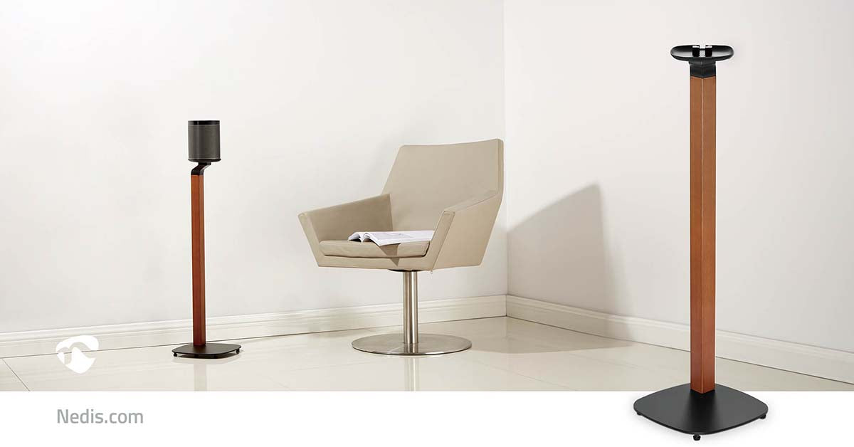 Skandinavesche Design Speakerbeugel fir Sonos One, One SL & PLAY:1 – Holz/Metall-Stänner mat Kabelmanagement an Vibratiounsdämpfung.