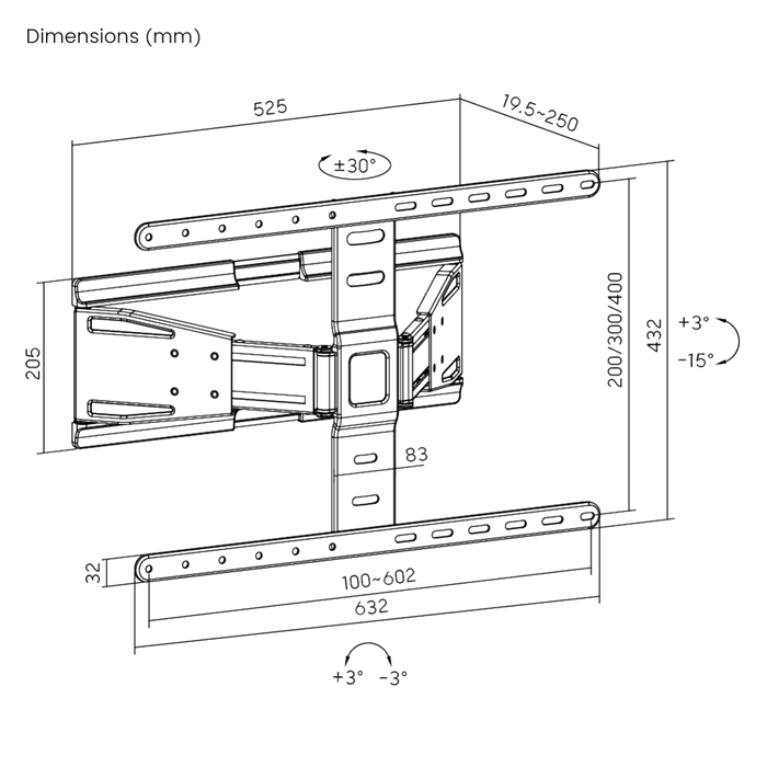 Wolff Mount Ultra-platt Full Motion TV Mauermontage | Distanz 19.5 bis 250mm | Dréibar - käntelbar | VESA 600x400 | Universell